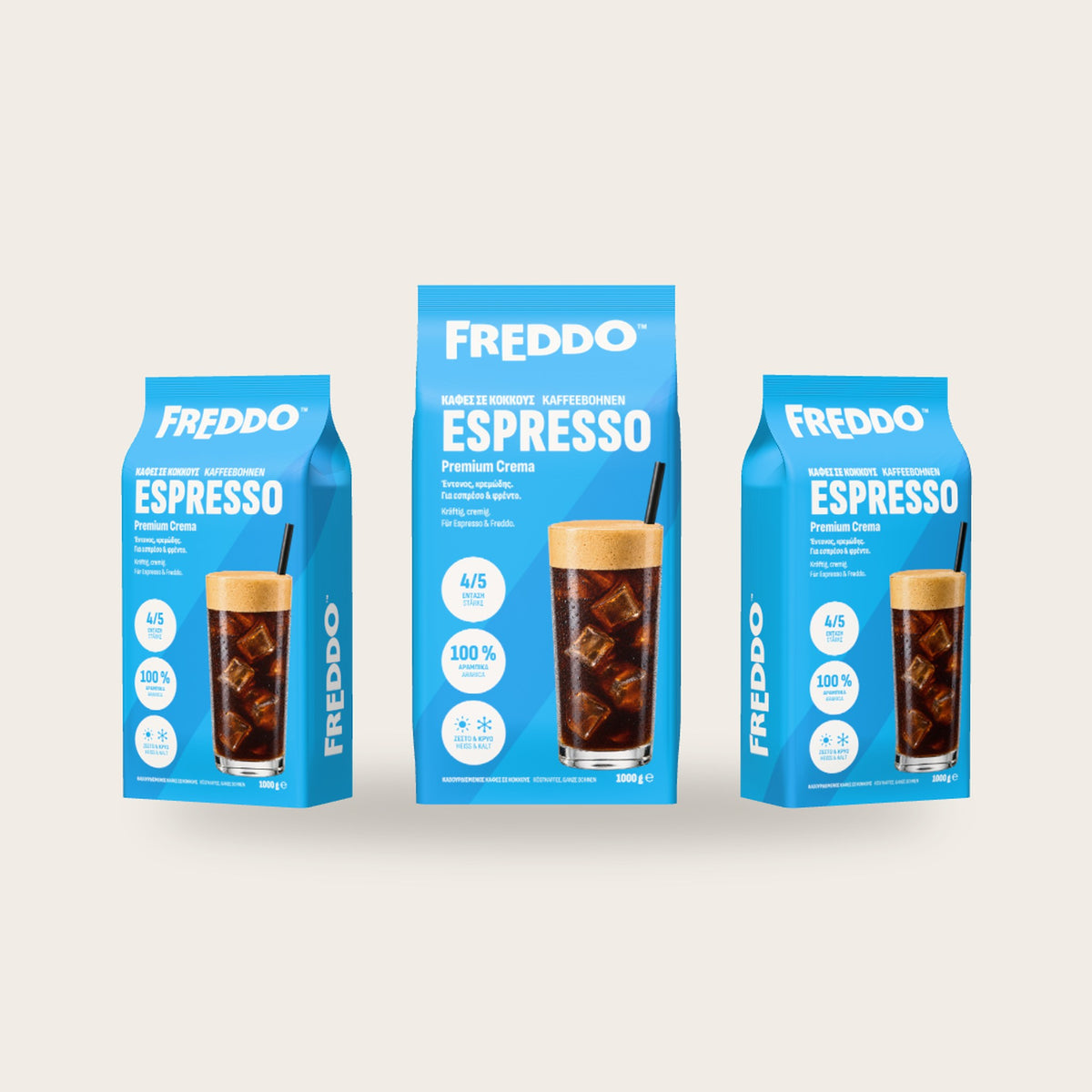 Drei Beutel FREDDO Espresso nebeneinander