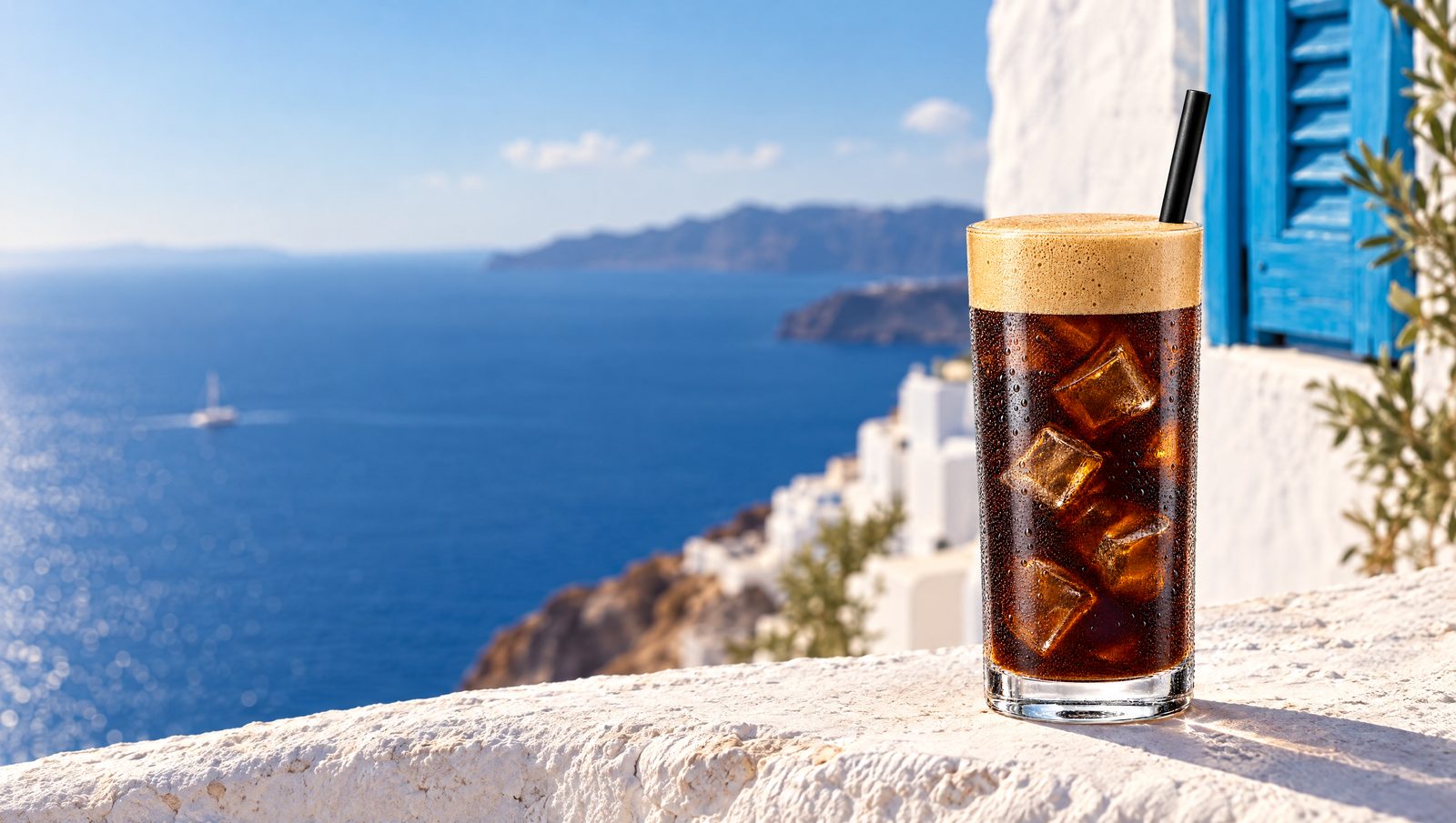 Freddo Espresso im Glas auf einer weißen Mauer am Meer