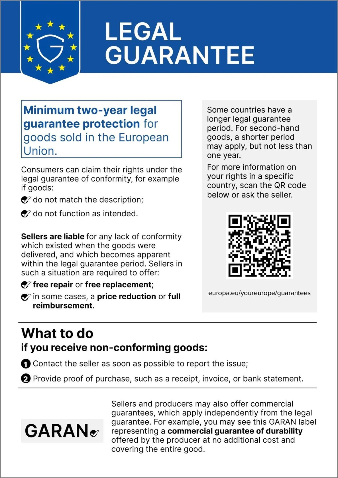 Harmonised EU notice on the legal guarantee: minimum two-year legal guarantee protection for goods sold in the European Union